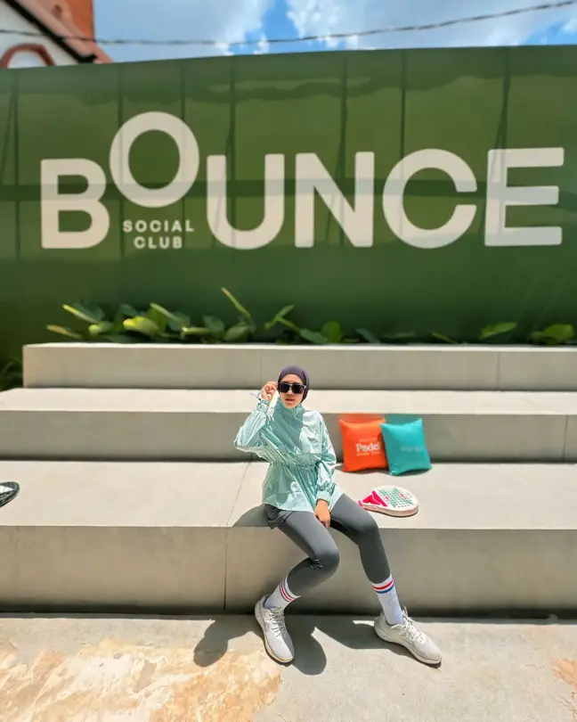 Concrete tribune seating under the Bounce sign